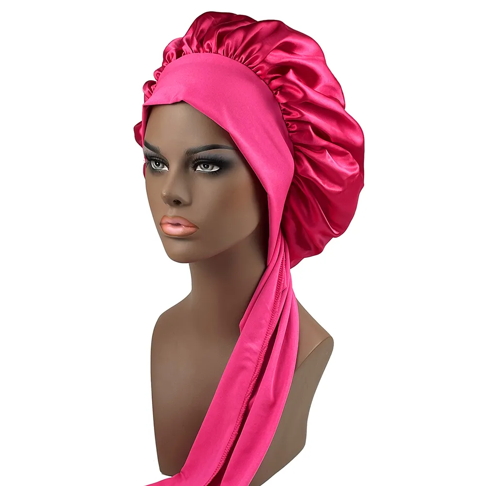 Nouveau grand Bonnet en Satin, Bonnet de nuit en soie, Long Bonnet en Satin avec bandeau à nouer, Bonnet, bord enveloppant pour femmes, cheveux bouclés tressés