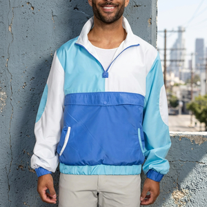 Veste coupe-vent légère personnalisée à demi-zip avec capuche pour hommes et femmes, patchwork, blocs de couleur, panneau avant, grande poche, imperméable - Product Image 3