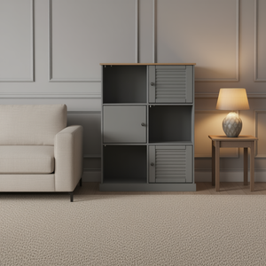 Grey <b>Solid</b> Pine <b>Wood</b> <b>Bookcase</b> 6 Cubbies Metal Accents Modern Living Room Furniture - Product Image 2