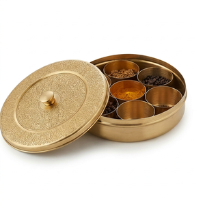 Boîte à épices ronde élégante en laiton avec 6 compartiments, design antique, anti-poussière, support de rangement pour la cuisine - Product Image 1