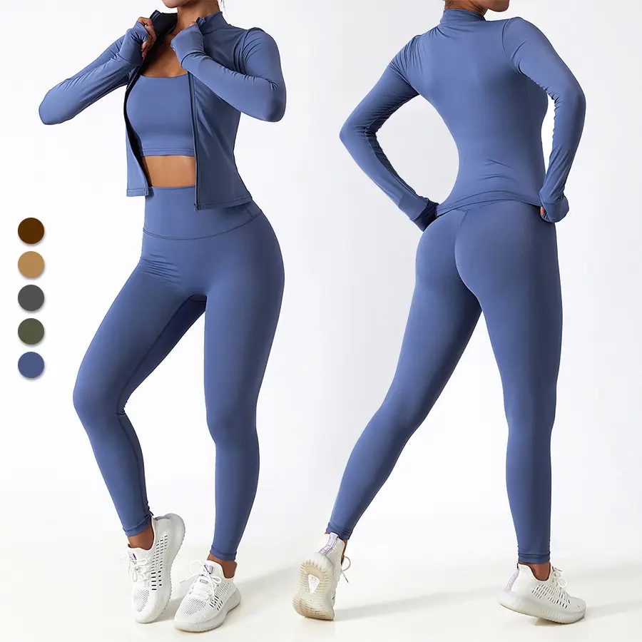 Custom Wholesale 3Pcs Activewear Yoga Zipper Jacket Sports Bra Leggings Gym Fitness Workout Sets For Women