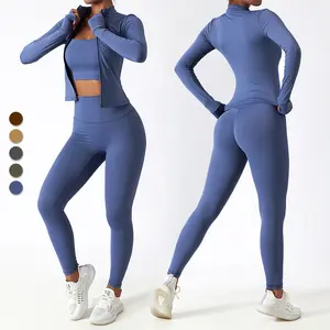 Vente en gros personnalisée 3 pièces vêtements de sport veste de yoga à fermeture éclair soutien-gorge de sport leggings ensembles d'entraînement de fitness pour les femmes