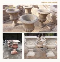 Urne de jardin en marbre beige sculptée à la main - Grande urne moderne écologique durable décorative sur piédestal pour aménagement paysager extérieur et parcs
