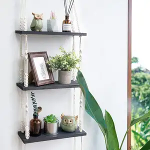 Black Floating Shelves Storage Organizer Macrame Shelf Hanging Wooden Wall Shelf with Woven Rope
