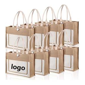 Custom Grocery Shopping Beach Picnic <b>Gifts</b> Multi-Pocket Large Reusable Burlap Canvas Tote <b>Bag</b> With Handles - Product Image 1