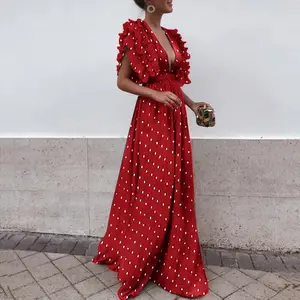 Polka Dots Áo Sơ Mi Nữ Dài Mùa Hè Bohemian Dresses Boho Maxi Dress Y10187 Bãi Biển Bướm Tay Áo Ruffles Cộng Với Kích Thước Tự Nhiên OEM