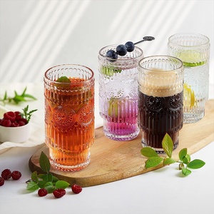 Vaso de Vidrio Tallado Vintage, Vasos Highball <span class=keywords><strong>Apilables</strong></span>, Vaso para Bebidas con Diseño de Girasol - Product Image 4