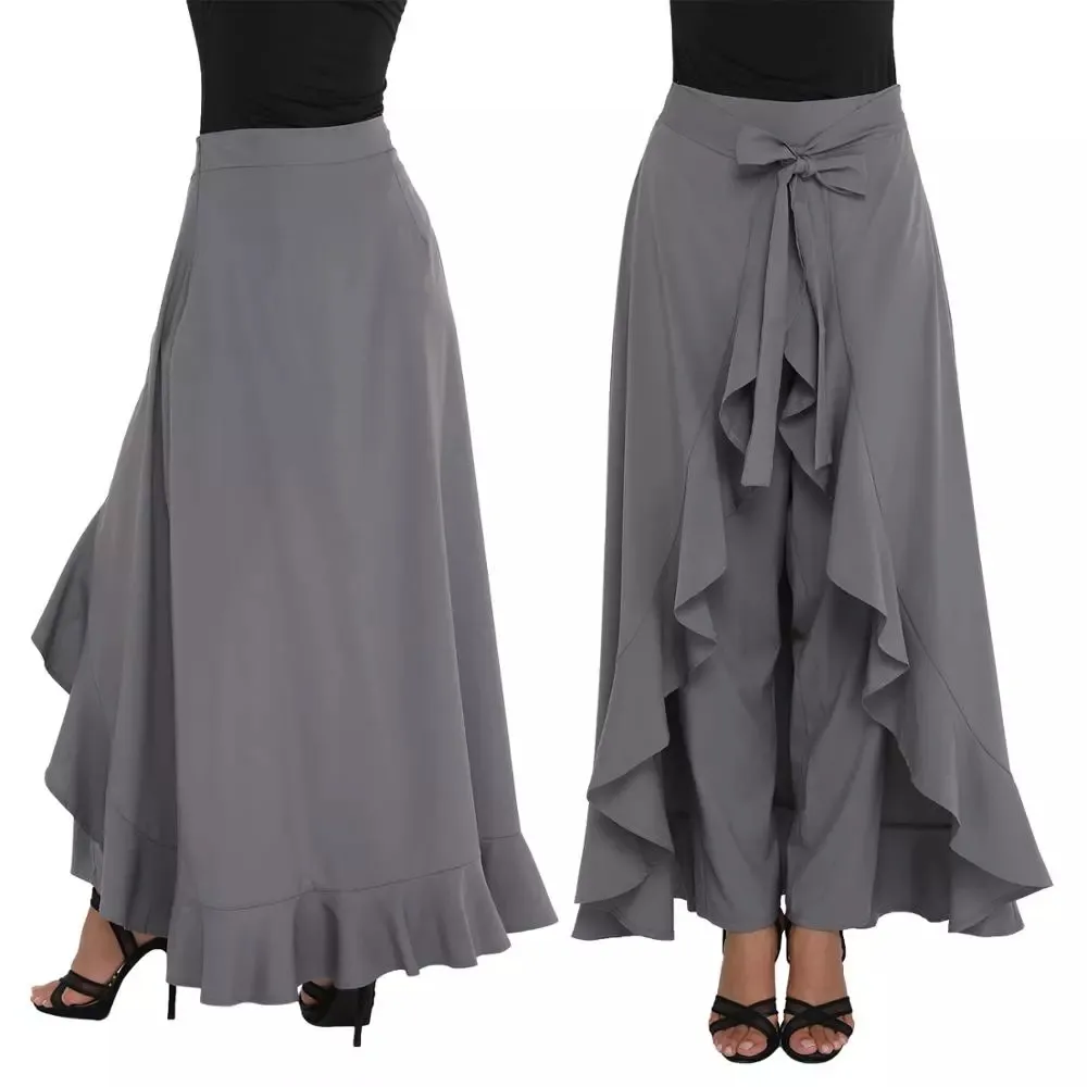 Women's Chiffon Plain Ruffle Wide Leg Tie-Waist Long Palazzo Pant Skirt