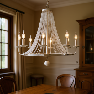 Lustre Crylite style campagne française à 8 lumières, perles de cristal, LED en forme de bougie, taille moyenne, accents métalliques blancs - Product Image 2