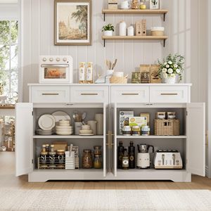 Buffet de 60 pouces avec rangement, armoire de cuisine de 36 pouces de hauteur avec 4 tiroirs, meuble bar à café avec poignées dorées, blanc - Product Image 2