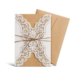 20Pcs White Laser Cut Handmade Wedding Invitations Cards Custom for Marriage Engagement with Rustic Rope Envelopes Seals