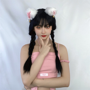 <span class=keywords><strong>Perruque</strong></span> synthétique Coolhair, vague lâche, cosplay, anime, couvre-chef, Noël, frange longue, cheveux noirs, double queue de cheval tressée - Product Image 2