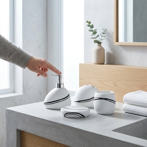 Ensemble d'accessoires <span class=keywords><strong>de</strong></span> <span class=keywords><strong>salle</strong></span> <span class=keywords><strong>de</strong></span> <span class=keywords><strong>bain</strong></span> en résine blanche moderne 4 pièces - Design minimaliste artistique avec lignes ondulées noires pour hôtel <span class=keywords><strong>de</strong></span> luxe <span class=keywords><strong>et</strong></span> décoration intérieure - Product Image 3