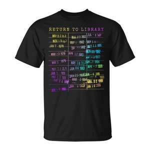 Camiseta con estampado de arcoíris y la frase: Regresa a la biblioteca, tarjeta de biblioteca, fecha de devolución del libro - Product Image 1