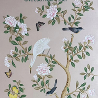 Papier peint en soie véritable brodé de fleurs et d'oiseaux peints à la main pour la décoration murale du salon