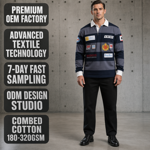 <span class=keywords><strong>Polo</strong></span> Vintage da Uomo a Maniche Lunghe con Colletto Sportivo, Personalizzata Blu Navy a Righe, Pesante, con Ricamo a Patch e Stemma - Product Image 1