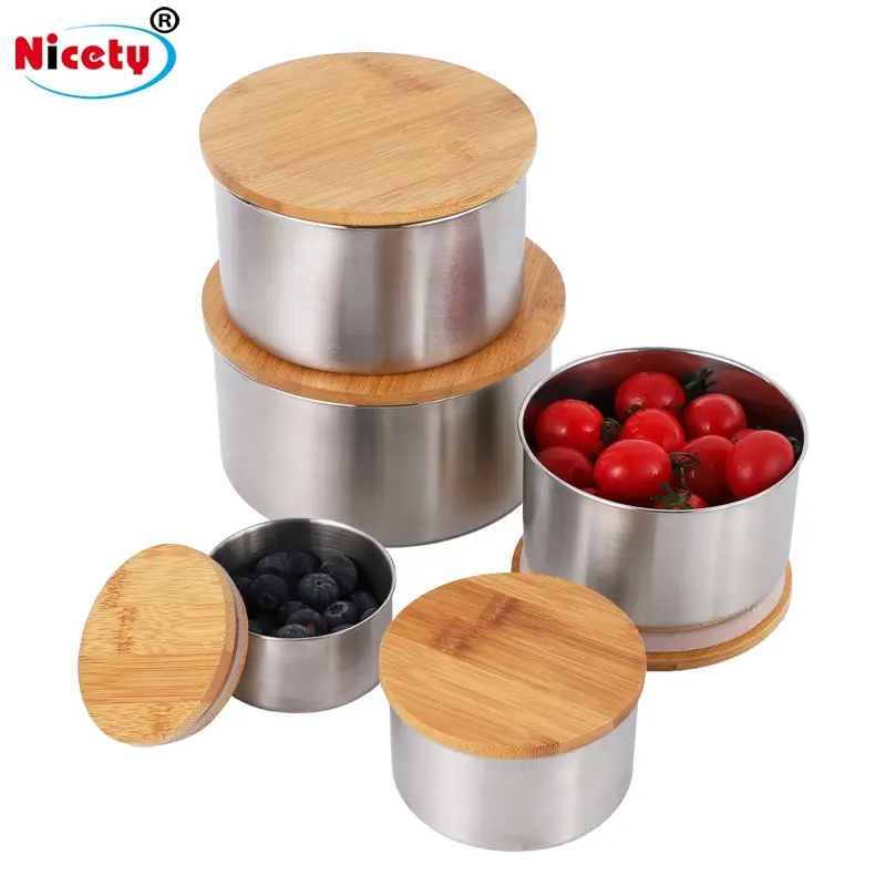 Wooden lid round stainless steel food container with food grade silicone sring for houseware kitchen