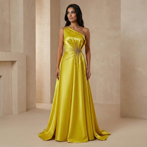 Vestido de Noche Amarillo Jancember XD049, Vestido de Fiesta con un Hombro Descubierto, Adornado con Cuentas, Corte en A, para Celebraciones, Galas, Cócteles y Fiestas - Product Image 1