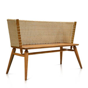 Modern Outdoor Patio <b>Bench</b>, featuring a rattan backrest and solid teak <b>wood</b> frame, combining durability and elegant design - Product Image 1