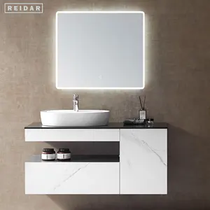 Işık lüks kontrplak banyo dolabı tam Set katı ahşap duvara monte tek havza banyo Vanity ile akıllı ayna