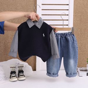 Nuovo Set <span class=keywords><strong>di</strong></span> Abbigliamento per <span class=keywords><strong>Ragazzi</strong></span> 2026, 3 Pezzi: Camicia a Righe, Gilet Lavorato a Maglia, Jeans, Outfit Casual per Bambini - Product Image 3