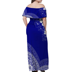 <span class=keywords><strong>Robe</strong></span> maxi à épaules dénudées Queen Salote College avec motif géométrique et motif de crabe, bleu et blanc, tenue d'<span class=keywords><strong>esprit</strong></span> universitaire - Product Image 4