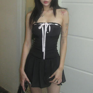 Robe plissée femme style français à blocs de couleur, épaules dénudées, taille nouée, coupe ajustée, pour l'été, vente en gros - Product Image 4