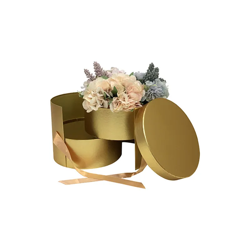 Wholesale Metallic Paper Rose Gold Round Rotate Cardboard Dad Cylinder Two Layer Desert Flower Box With Ribbon Closure And Lid