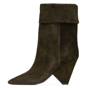 Hợp thời trang mũi nhọn kéo trên nêm gót chân gấp trên màu xanh lá cây mắt cá chân booties ngắn lớp phủ khởi động cộng với kích thước - Product Image 2