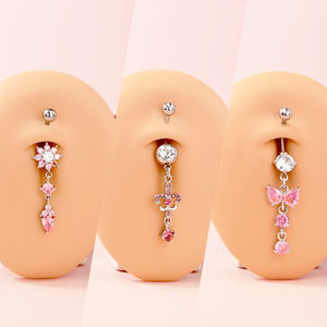 Double Jeweled Pink 316L baja bedah, mode lucu 14G Emas cantik pita dan berkilau permata menjuntai kancing perut/cincin pusar - Product Image 5