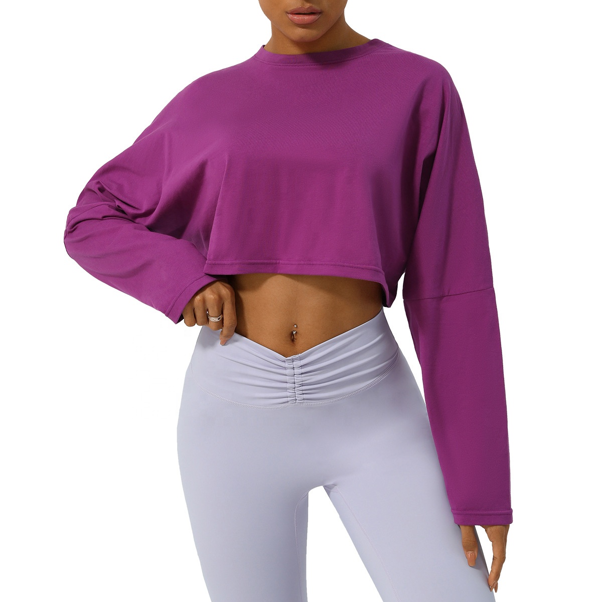 Daily Active Wear Oversized Round Neck Long Sleeve T Shirts Crop Top Casual Loose Fit Crew Neck Cropped Workout Yoga Tops