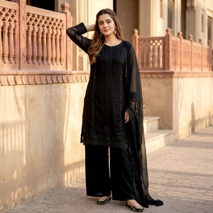 Conjunto de Kurta y Palazzo para Mujer, Premium, en Georgette Sintético Pesado, Bordado con Cuentas, con Dupatta con Borde de Encaje en los Cuatro Lados - Product Image 1
