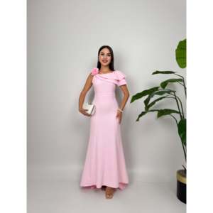 Elegante Vestido de Noche Largo Amarillo con Hombro Descubierto, Volantes, Diseño de Rosa, Cintura Natural y Cuello Redondo para Boda - Product Image 2