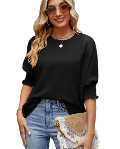 Womens Summer Frill Shirred Puff Sleeve T-Shirts Crew Neck Solid Color Casual Oversize Loose Fit Tunic Tops Blouses