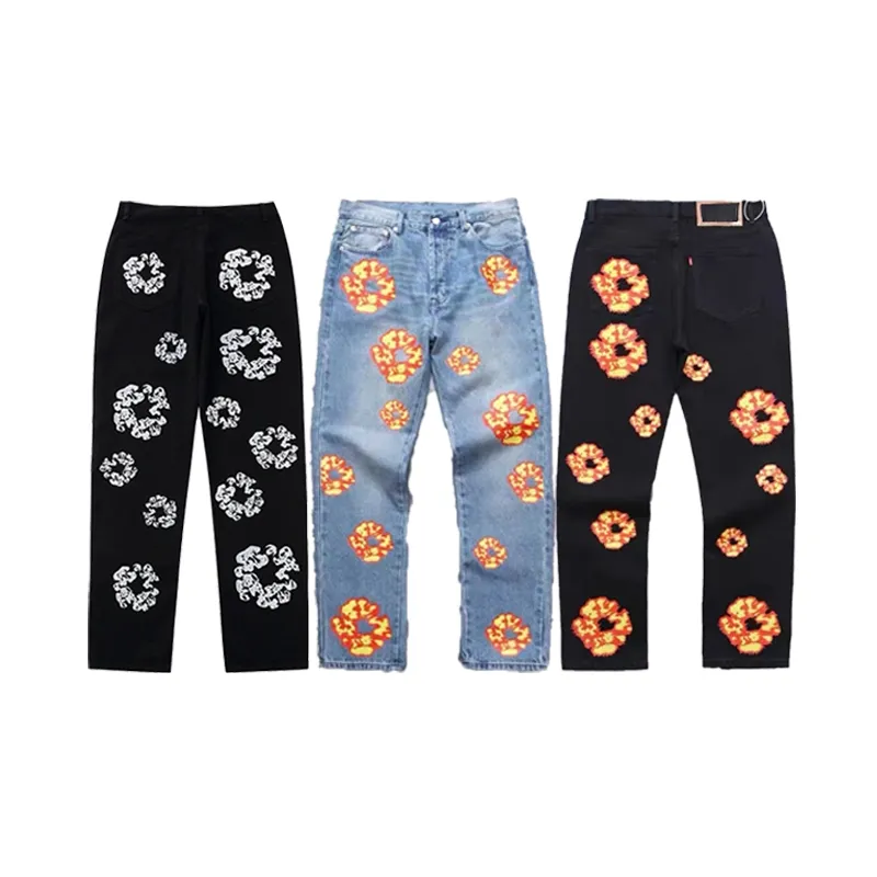 OEM Custom denim Full Embroidery Patch Jeans Washed Printed Tears jeans trousers for men