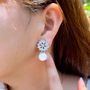 Boucles d'Oreilles de Mariage à Clipser en Zirconium Cubique Pavé, sans Trou, Fleurs et Perles pour Femme - Product Image 3