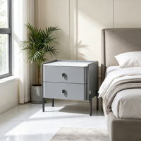 Table de chevet moderne en bois massif de qualité E1 à 2 tiroirs avec plateau en pierre peinte pour chambre à coucher et hôtel