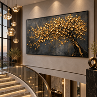 Peinture sur toile texturée 3D Arbre à Argent Feuilles Dorées, Art Mural Botanique Panoramique pour Hôtel, Villa, Salon, Bureau