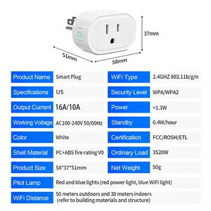 <span class=keywords><strong>Enchufe</strong></span> Inteligente Tuya Estándar Americano 10A/16A, <span class=keywords><strong>Enchufe</strong></span> WiFi Compatible con <span class=keywords><strong>Alexa</strong></span> y Google Assistant, Control Remoto por Aplicación, Temporizador, Control de Grupo para EE. UU. - Product Image 6