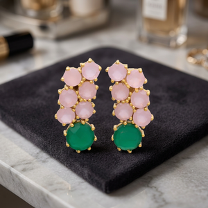 Nouvelles boucles d'oreilles pendantes rondes uniques avec pierre précieuse Chalcédoine rose émeraude plaquée or pour mariage et fiançailles - Product Image 3