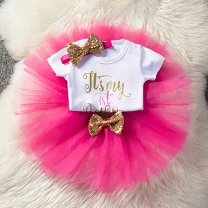 女の子の赤ちゃんのパーティードレスデザイン、2018年の誕生日の赤ちゃんのチュチュドレスの写真