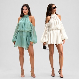 Women's Solid Woven Eco-Friendly Breathable Mini <b>Dress</b> Lantern Puff Sleeve O-Neck Ruched Loose Fit Beach Vacation Summer Casual - Product Image 1