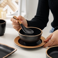 Vaisselle Moderne en Mélamine Noire A5, Imitation Porcelaine, Créative, Spécialité Bol à Soupe de Nouilles pour Restaurant et Fondue, Kits de Vaisselle