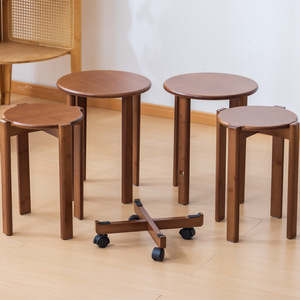 Bamboo <b>Stool</b> Stackable Round Walnut Color Home Living Room Furniture Minimalist Design Modern Appearance - Product Image 3