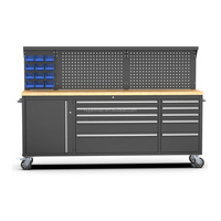 Boîte à outils mobile robuste de 84 pouces, poste de travail à 10 tiroirs avec panneau arrière perforé et plan de travail en bois de caoutchouc, personnalisable OEM