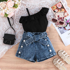 Set di abbigliamento per ragazze estive <span class=keywords><strong>eleganti</strong></span> e graziosi <span class=keywords><strong>pantaloncini</strong></span> in Denim con decorazione in pizzo Casual con bottoni a fiocco - Product Image 2