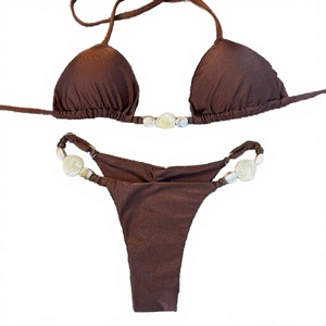 Conjunto de bikini de 2 piezas para mujer, top triangular liso y estampado con braga brasileña y almohadillas extraíbles - Product Image 3