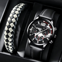 Ensemble de 2 montres pour homme, montre chronographe avec bracelet en cuir tressé à carreaux, pour un style moderne et tendance