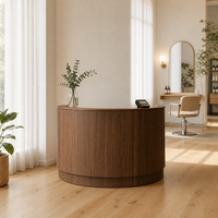 Comptoir de réception incurvé en noyer, comptoir de caisse en bois de noyer avec deux tiroirs et rangement ouvert, OEM ODM, taille personnalisée