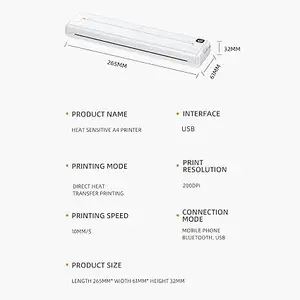 Imprimante thermique sans encre rechargeable portable taille A4 facile à utiliser large compatibilité grande capacité avec prise en charge de l'application